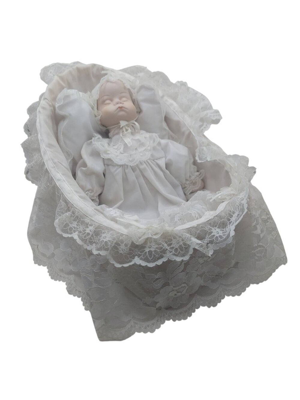 Musical Porcelain Newborn Baby Doll Lace Trimmed Bassinet Vintage 1989 Artmark